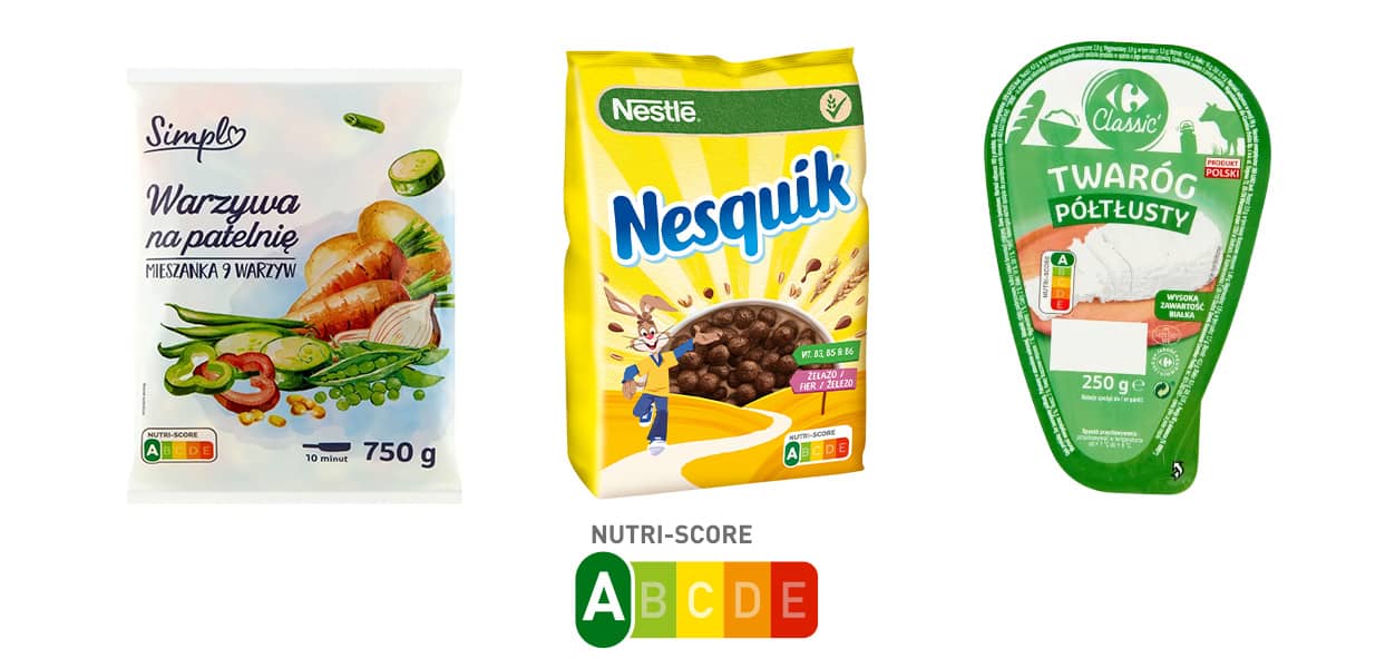 Przykłady 3 różnych produktów z tej samej kategorii Nutri-score A - warzywa na patelnie, twaróg półtłusty i płatki Nesquik