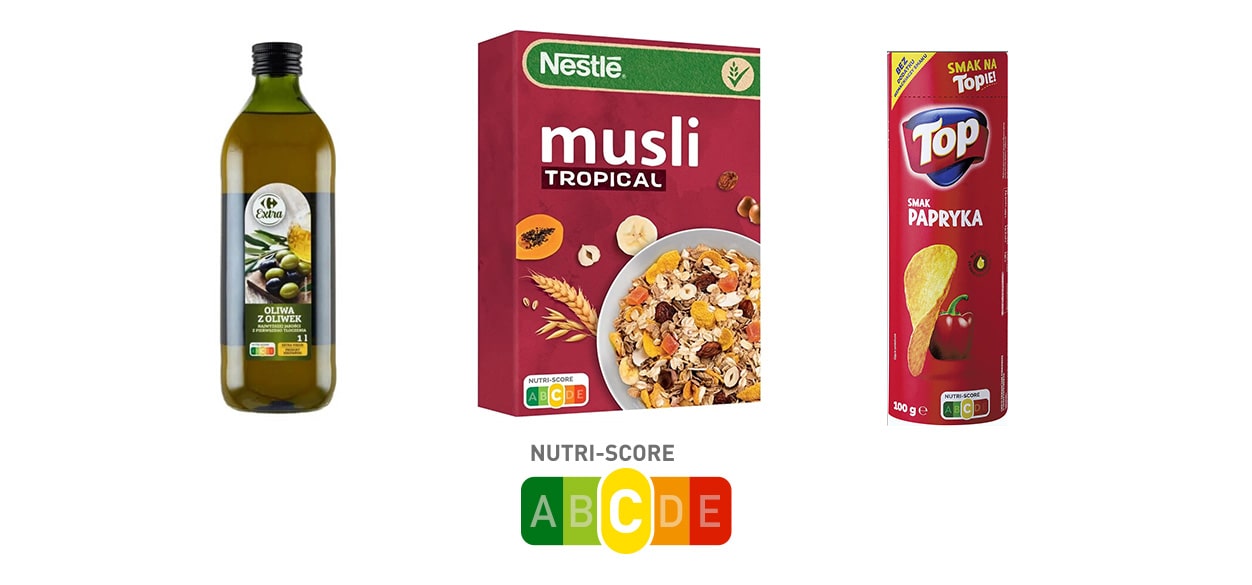 Przykłady 3 różnych produktów z tej samej kategorii Nutri-score C - oliwa z oliwek, płatki musli, chipsy