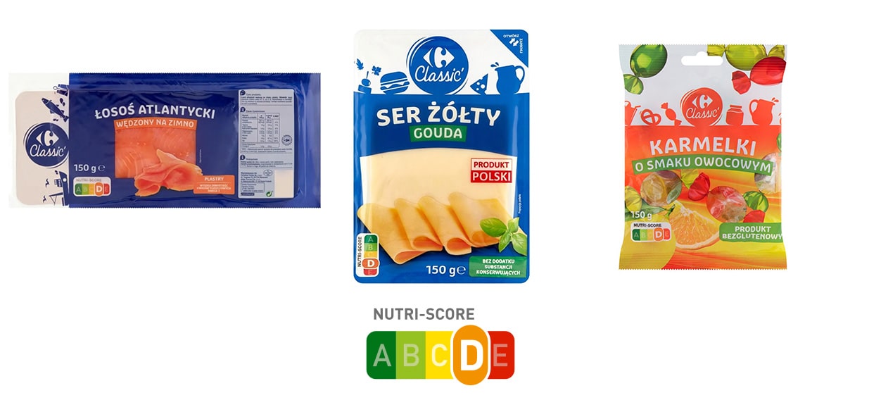 Przykłady 3 różnych produktów z tej samej kategorii Nutri-score D - łosoś atlantycki, ser żółty gouda i karmelki owocowe