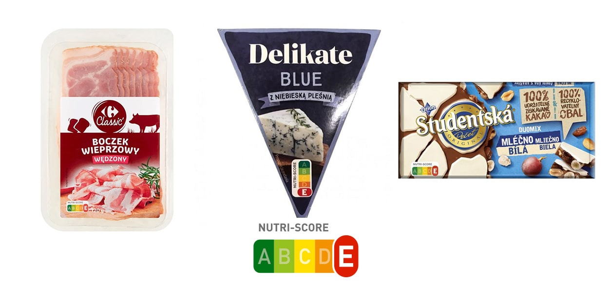 Przykłady 3 różnych produktów z tej samej kategorii Nutri-score E - boczek wieprzowy wędzony, ser blue z pleśnią i czekolada mleczna