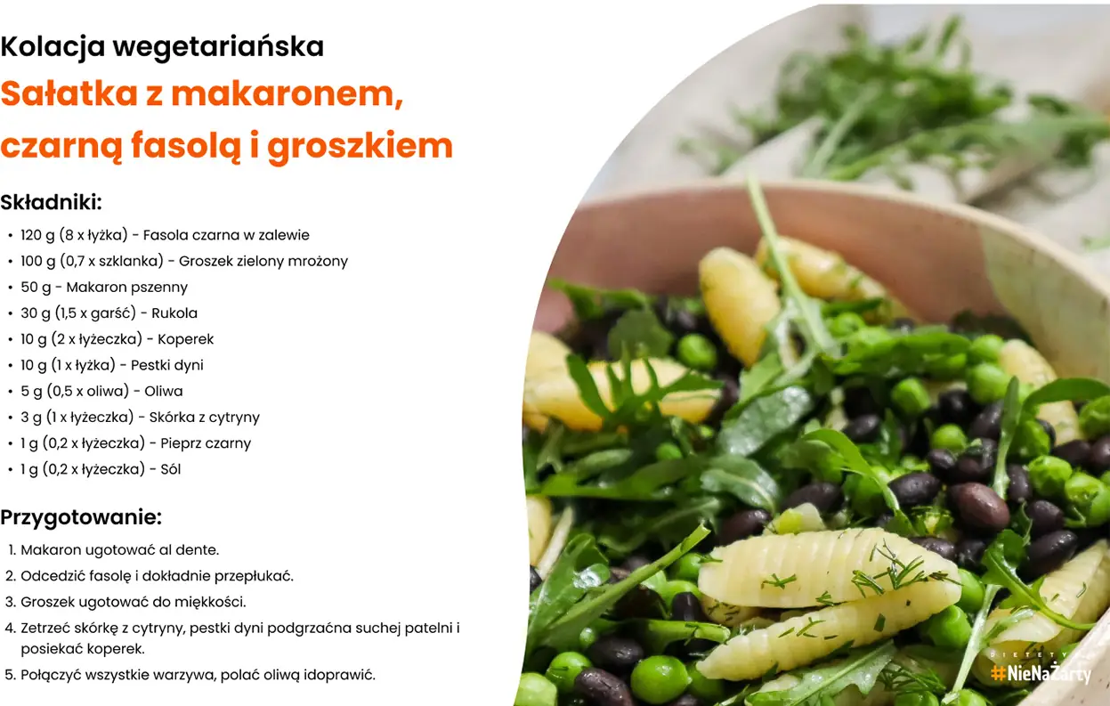 Zbilansowane kolacje roślinne - Sałatka z makaronem, czarną fasolą i groszkiem