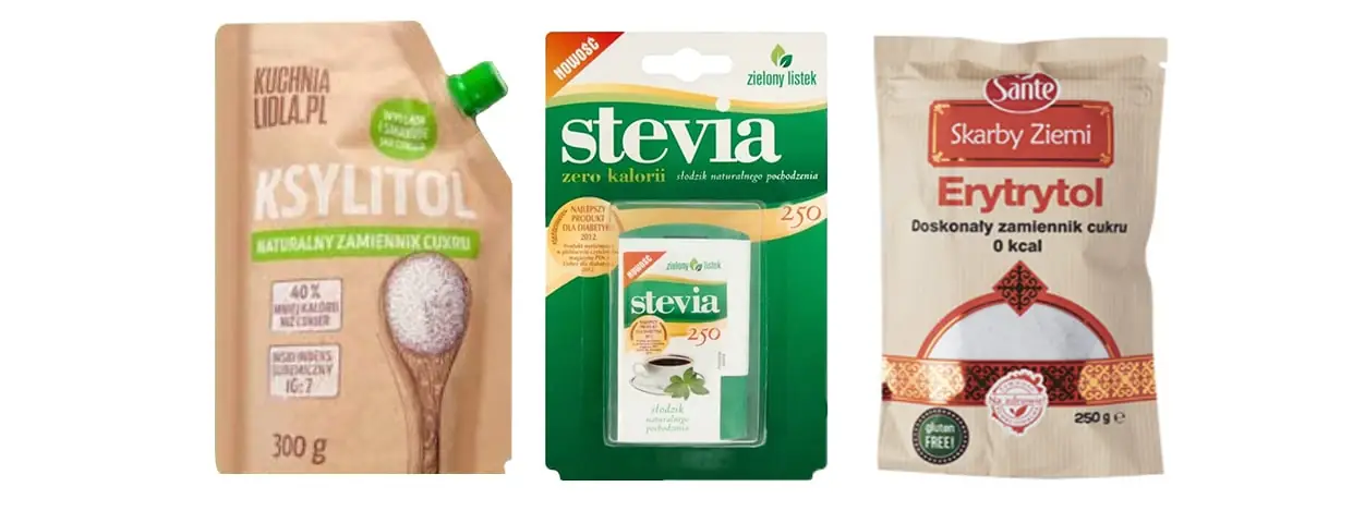 Przykładowe słodziki z Lidla - ksylitol, stewia, erytrytol