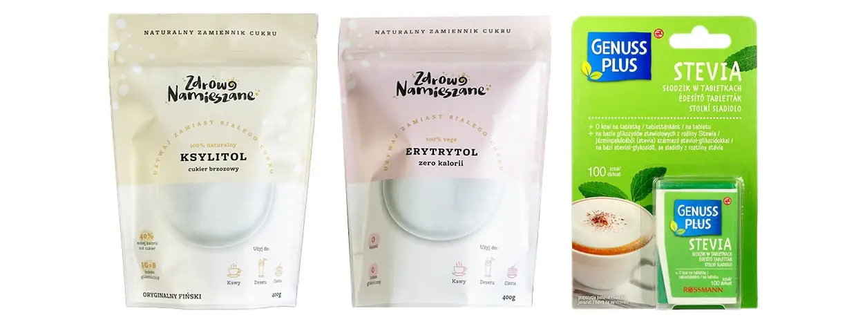 Przykładowe słodziki z Rossmana - ksylitol, erytrytol, stewia