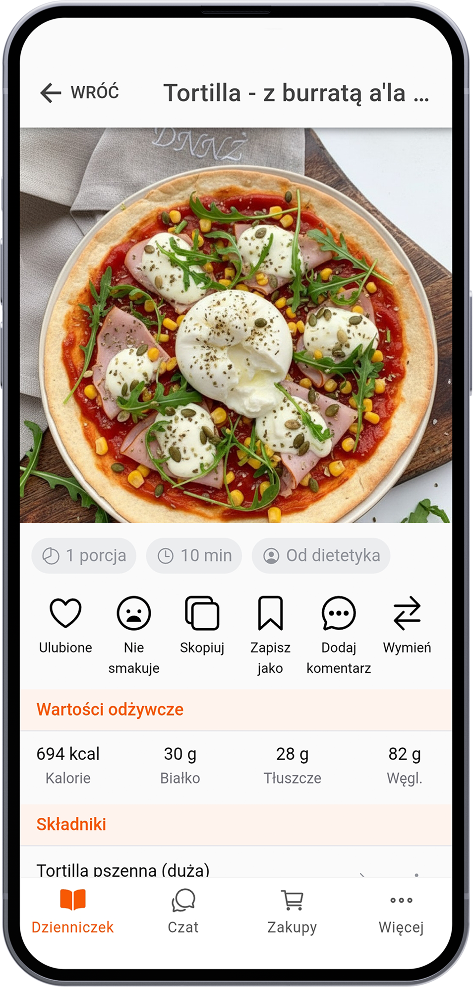 Tortilla z burrata ala pizza i szynką