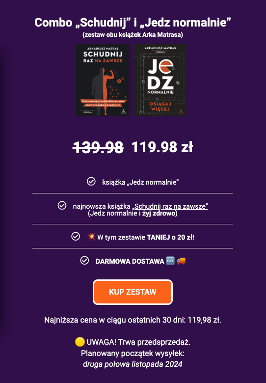 Promocyjna oferta książek Schudnij raz na zawsze oraz Jedz normalnie osiągaj więcej