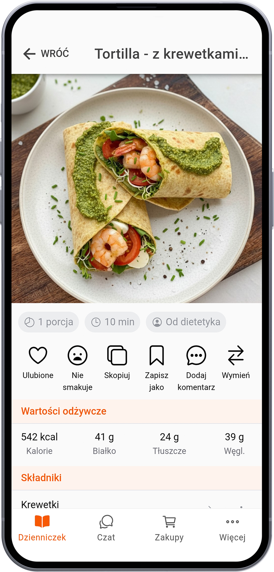 Tortilla z krewetkami i pesto