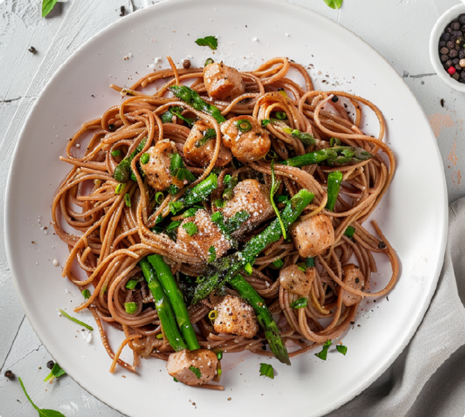 Makaron ze szparagami i kurczakiem