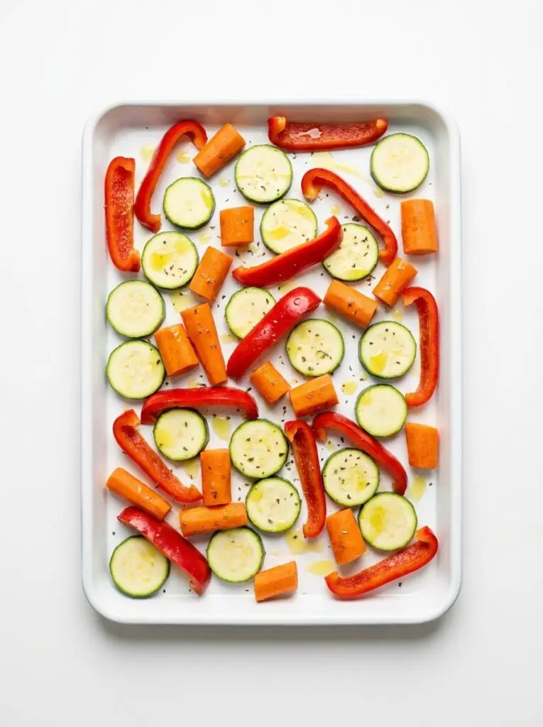 marchew, papryka i cukinia na blasze skropione oliwą