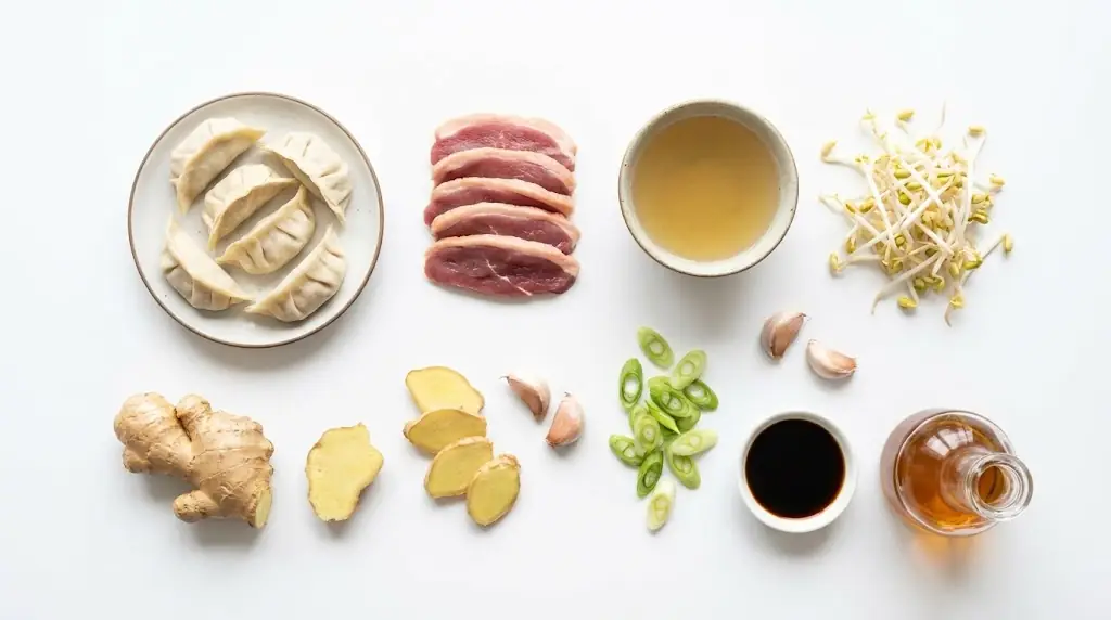 składniki na koreańską zupę z kaczką i pierożkami gyoza
