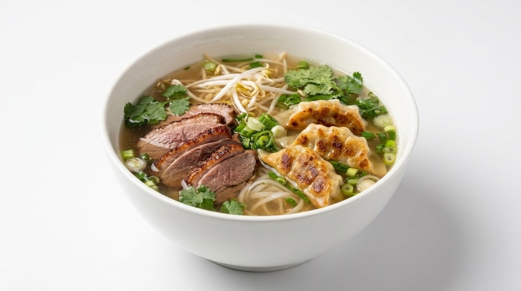 koreańska zupa z kaczką i pierożkami gyoza