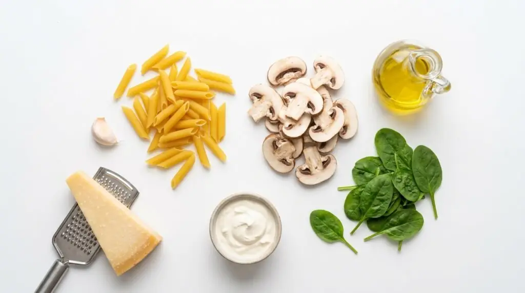 skladniki na penne z pieczarkami w sosie śmietanowym
