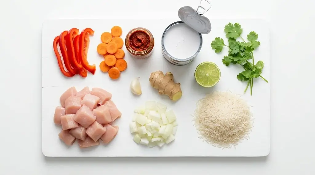 składniki na czerwone curry z ryżęm