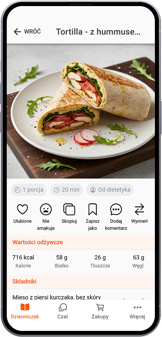 Tortilla z hummusem, kurczakiem i warzywami