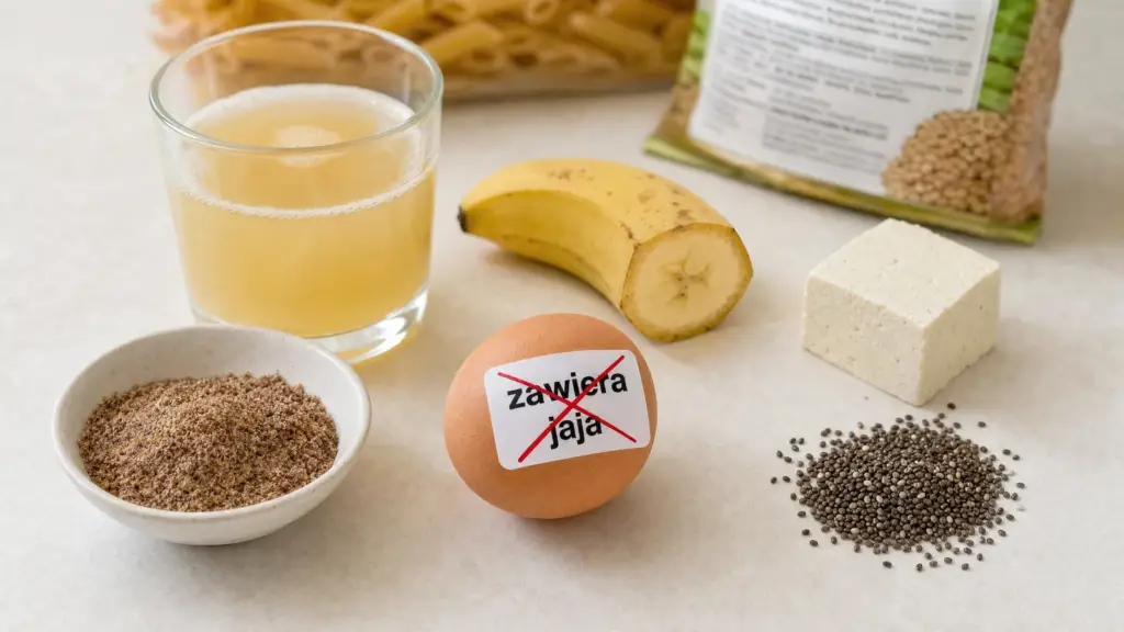 Jajko z etykietą „zawiera jaja” na kuchennym blacie obok siemienia lnianego, aquafaby i banana jako zamienników