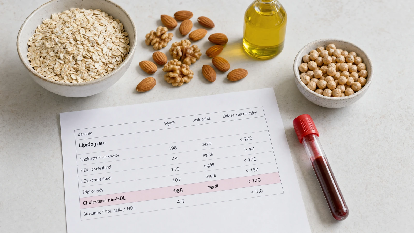 Wydruk lipidogramu z zaznaczonym wierszem cholesterol nie-HDL obok płatków owsianych, migdałów i butelki oleju rzepakowego