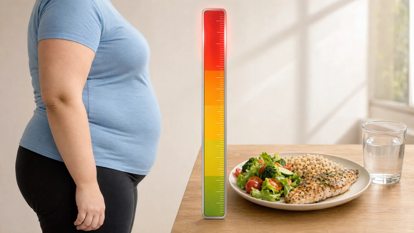 Talerz z warzywami, kaszą i rybą na tle skali BMI powyżej 40 – dieta przy otyłości olbrzymiej