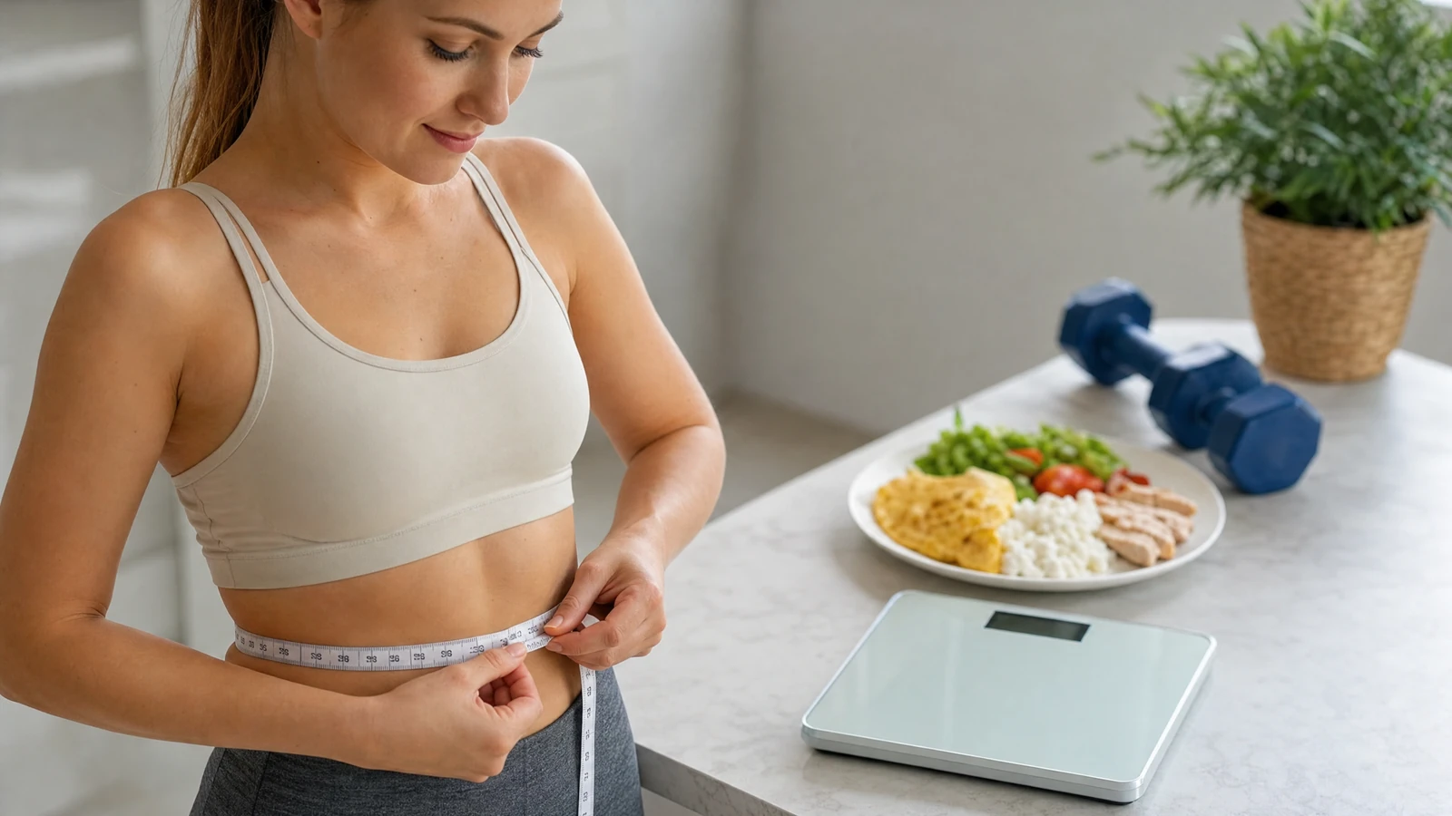 Sylwetka skinny fat z centymetrem krawieckim na talii i talerz z jajkami, twarogiem i warzywami